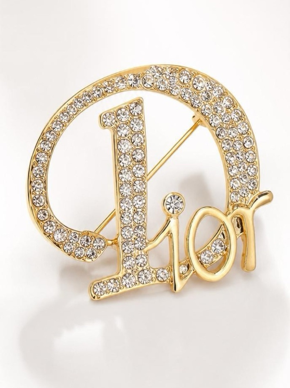 Gold and Crystal Logo Brooch